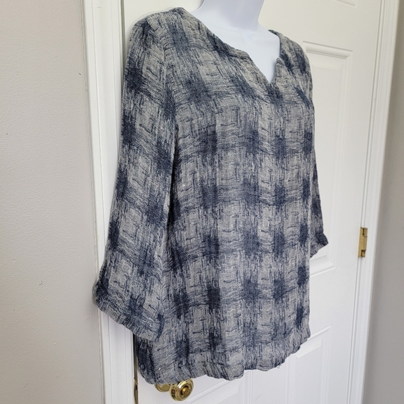 J. Jill Pure Jill Medium Gray Blue Split Neck 3/4 Sleeve Linen Blend Knit Top - Picture 3 of 10